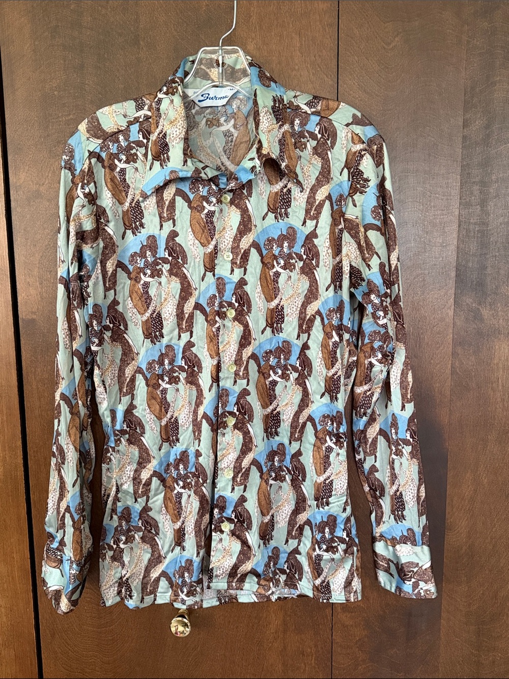 Vintage Burma Gibson Girls Disco Shirt green brown dagger collar size medium